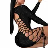 Casual Dresses Women Hollow-Out Mini Bandage Dress Långärmad O-Neck Low Cut Glitter BodyCon för Summer Style 2023