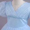 Flicka klänningar prinsessan v hals korta ärmar himmel blå flickor klänning för bröllop födelsedagsfest storlek 6-17 år bollklänning första nattvards klänningar
