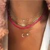 Choker Chokers Alyxuy Multi-Layer Moon Star Crystal Pendant Pink Clip Chain Hip Hop Color Harajuku Halsband Retro för kvinnliga smycken gåva