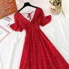 Casual Dresses V-Neck High midja blommig tryck strand midi backless sexig vestidos 2023 sommar kvinnor rufsade kortärmad chiffongklänning