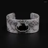 Bangle Pave Rhinestone Owalny czarny obsydian kamienny koralik Regulowany ciemnobrązowy skóra szeroko owinięte otwarte mankiet dla kobiet