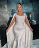 2023 Luxury Mermaid Wedding Dresses African Luxury Square Neck With Cape Satin Pearls Crystal Beads Vestidos Formal Bridal Gowns Plus Size