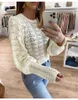 Kadın Sweaters 2023 Kadınlar Vintage Giysileri Gevşek Stil Örgü Sweate Bej Düz Renk Yuvarlak Yuvarlak Yaka Balon Kollu S/ M/ L/ L/ XL