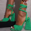 Sandals Women Ladies Shoes Towel Ankle Strap Square Toe Lace-up Elegant Female Platform Sandal Woman High Heels Party