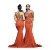 Burnt Orange Mermaid Bridesmaid Dresses 2023 ASO EBI African Sexy Sheer Back Appliques Beads With Button Covered Maid of Honor Gowns Plus Size BC14902 GW0213