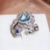 Clusterringen Luxe 925 Sterling Silver Vintage Feather Ring voor vrouwelijk Blue Crystal Open Party Birthday Juwelencadeau