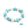 Brins de perles Croix Charme Turquoises Hommes Bracelet Pierre Noire Perles Blanches Bracelets Bracelets Pour Femmes Yoga Bijoux Drop Livraison Dh1Yz