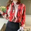 Blouses feminina Lanterna Manga de moda Top Moda Ladies Pintura de tinta Camisa da cadeia feminina Patchwork lapela Button Up Blusas Mujer