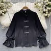 Dames blouses herfst hoog gevoel van de Franse niche ontwerpplaat knop wijd uitlopende mouw los zwart