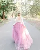 2023 Blush Pink Country Bohemain Wedding Dresses Sheer Lace Long Sleeve Backless Layers Tulle Skirt Summer Garden Beach Bridal Gow2243
