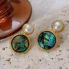 Stud Earrings Green Oil Painting Colorful Abbe Natural Pearl For Women