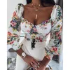 Damenblusen Hemden Low geschnittene Quadrathalsbluse Frauen Langarm Blumenmuster Tops Frühling und kurzes Hemd Streetwear