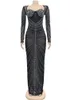 Party Dresses Kricesseen Sexy Mesh Crystal Patchwork Maxi Gown Luxury Women Sheer Diamonds Bodycon Night Clubwear 230211