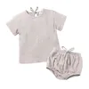 Clothing Sets Novelty Baby Boys Girls Clothes Cotton Linen Set Soild Color Laceup Pullover TShirt Shorts With Belt Children Outfits M