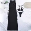 Damen-Badebekleidung, schwarz, 3-teiliges Set, Rollkragen-Badebekleidung, weiblich, transparent, Badeanzug, Überzug für Frauen, Schnür-Bikini, Neckholder-BH, Badeanzug, L230213