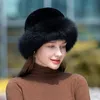 Kvinnor elegant vinter riktig kanin p￤ls hatt stickad beanie topp hatt w riktig r￤v p￤ls keps