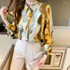 Blouses feminina Lanterna Manga de moda Top Moda Ladies Pintura de tinta Camisa da cadeia feminina Patchwork lapela Button Up Blusas Mujer