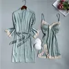 Vêtements de nuit pour femmes Kimono Robe Lady chemise de nuit Sexy Satin Robe de mariée ensemble dentelle maison Dressing printemps été vêtements de nuit sommeil