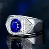 With Side Stones Vintage Sier Mens Rings Royal Sapphire Gemstone Jewelry Accessories Open Adjustable Ring Wedding Party Gift For Men Dhb8J