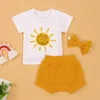 s PCS Cute Summer Kids Suit Infant Girls Sun Letter Print ONeck Short Sleeve TopsSolid Color ShortsHeadband Clothing Set