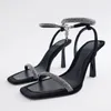 صندل 2023 Traf Heeled Summer Women Black High Heels Luxury Rhinedtones Sandal Female Sexy Party Shiletto Shiletto