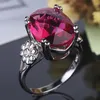 Cluster Rings Fashion Flower Jewelry 2ct Cz Rose Red Stone Wedding Band per le donne Anello femminile color argento San Valentino