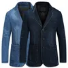 Mens Suits Blazers Blazers Jacket Men Casual Denim Slim Pocket Splicing Coat Mens Long Sleeve SingleBreasted Turndown Collar Blazers Jacka 230213