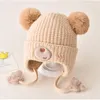 Boinas fofas de urso chapéu de bebê com pompoms quente no forro de bap e corda de malha de corda para meninos meninas gorro