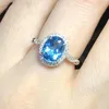 Cluster Rings Silver Inlaid Oval Sapphire For Women Opening Adjustable Fashion Light Luxury Exquisite Wedding Party Jewelry