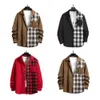 Spring Hip Hop Style Grid Shirts For Men Fashion Splice Colors Corduroy Long Sleeve Lapel Youth Casual Loose Shirt DXR08