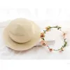 Breda brimhattar 2019 Parentchild Summer New Women's Sun Hat Bucket Cap Beige Lace Bowknot Flowers Ribbon Flat Top Straw Hat Beach Caps Panama R230214