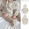 Kläder sätter nyfödd tjej bomullsblommig docka spets krage långärmad prinsessa romper hatt kostym baby kläder set år gammal