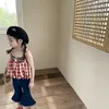 セットのためのLZHサマーチルドレンかわいい格子縞のキャミソールジーンズPCSスーツ子供服ファッション幼児の女の子の服