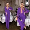 Kvinnors tvåbitar byxor Purple Women Suits Set 2 Pieces Glitter Crystals Blazer Jacket One Button Formal Office Party Prom Dress