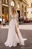 Berta Beach Wedding Dresses V Neck Long Sleeves Lumbar Lace Bridal Gown Backless High Split Ruffle Sweep Train Robes De