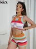 Women's Two Piece Pants Kliou Knitted MultiColor Stitching Shorts Two Piece Set Women Outfits Slim Oneck Tops TankMini Pants Girl Casual Crochet Suit 230214