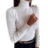 Kadın bluzları Moda Kadın Belktleneck Şeritli Gömlek Kuft düğmeleri Ayrıntılar Uzun Kollu Alt Sonbahar Kış Kış İnce Düz Tops
