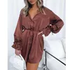 Blouses feminina Mulheres V Button Button Down Ruffle camisa vestido de cor sólida cor de manga larada com cinto mini vestidos de blusa de tamanho grande para