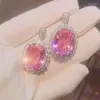 Necklace Earrings Set Luxury Pink Zircon Jewelry Silver Color Oval Cut Dangle Ring For Women Party Accessories Christmas Gifts