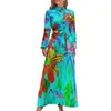 Casual klänningar Färgglada blommuttryck klänning fågel och fjäril Kawaii Maxi Basic Boho Beach Long High Neck Vestido