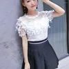 Women's Blouses Spring 2023 Summer Sexy Floral Women's Blouse Short Sleeve Crocheted Hollow-out Fashion White Lace Top Bottom Shirt