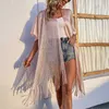 Utomhus t-shirts frans tassel mesh ren glansig stickad tunika solskydd sjal lady kimono cardigan badkläder strand bikini coverup j230214