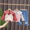 Sets Kids Girls Spring Autumn Outfits New Fashion Baby Floral Shirt And Knitted Vest Jeans Pcs Children's Korean Style Clothing Y