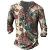 Mens TShirts Vintage With Button Ethnic Pattern Print Spring Autumn Loose ONeck Long Sleeve Oversized T Shirts Male Clothing 230214