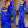 2023 Arabische Aso Ebi Royal Blue Prom Dresses kristallen Feather Evening Formeel feest tweede receptie Verjaardag verlovingsjurken Jurk ZJ606