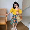 세트 lzh 여름 주름 방울 단락으로 된 탑 프린트 스커트 조각 어린이 의류 소녀 양복 패션 어린이 복장 y 세트