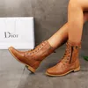 Boots Plus Size Retro Women Western Boots Punk Lace Up Buckle Motorcycle Boots Zipper Mid Calf Boots Ladies Short Botas 230214