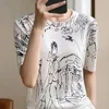 Polo da donna Estate Coreana T-shirt pettinate in maglia da donna Casual O Collo Pullover T-shirt sottile a maniche corte Graffiti T-shirt moda allentata