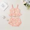 Ensembles de vêtements d'été pour bébés filles, imprimés de fleurs, sans manches, en coton et lin, hauts à volants, costume pour nourrissons