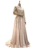 Roze moslimavondjurken Luxe kralen met lange mouwen Luxe kralen Bloemen Lace Prom Gelegenheid jurk met mouwen Satin Vestidos de Gala